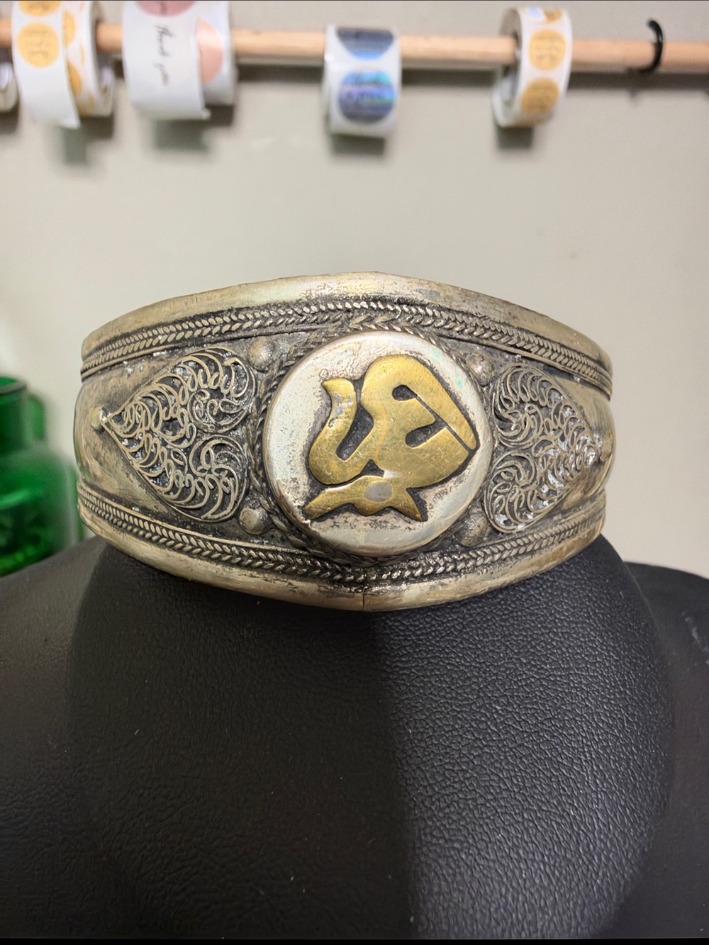 Handcrafted Tibetan Om Silver-Tone and Gold Accent Cuff Bracelet